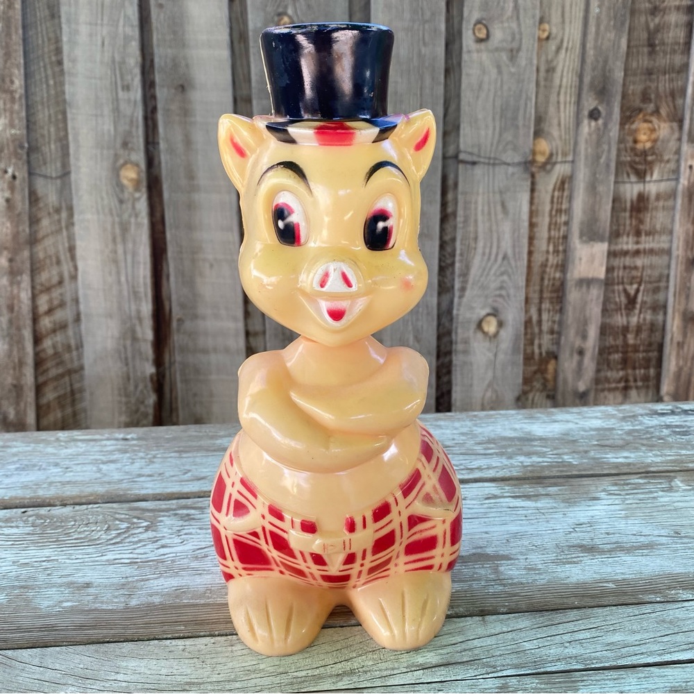Vintage 60’s pig with hat bank, red and black piggy bank, large plastic pig